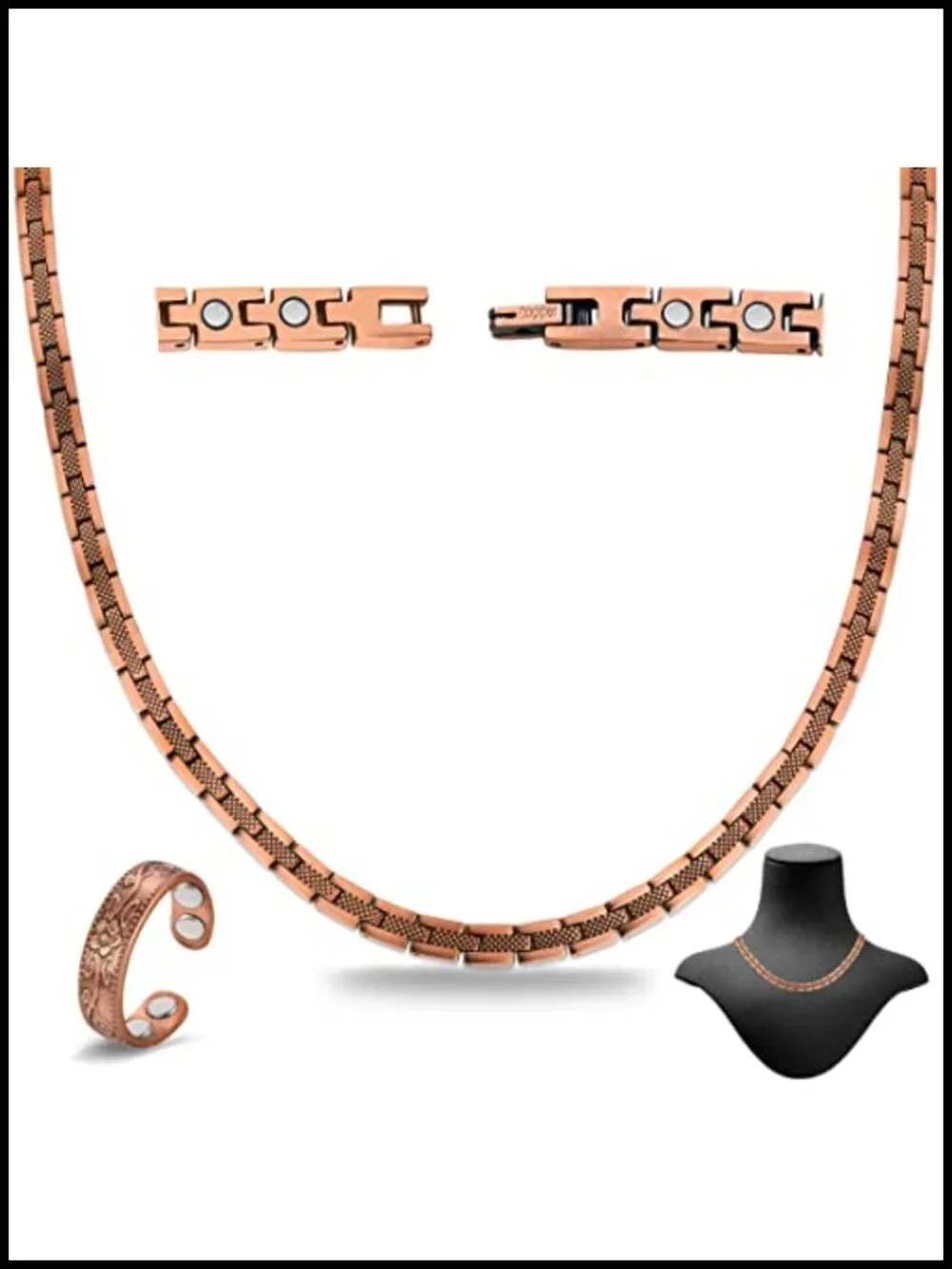 Solid Pure Copper Magnetic Necklace & Ring Set with Adjustable Sizing Tool